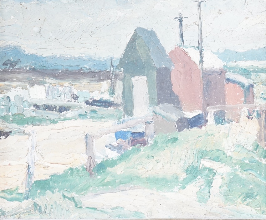 Ronald Ossory Dunlop (Irish, 1894-1973), oil on board, ‘At Walberswick’, unsigned, inscribed verso, 23 x 28cm. Condition - panel bowed, would benefit from a clean